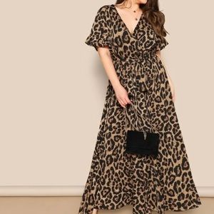 Plus size flounce sleeve tie waist leopard dress